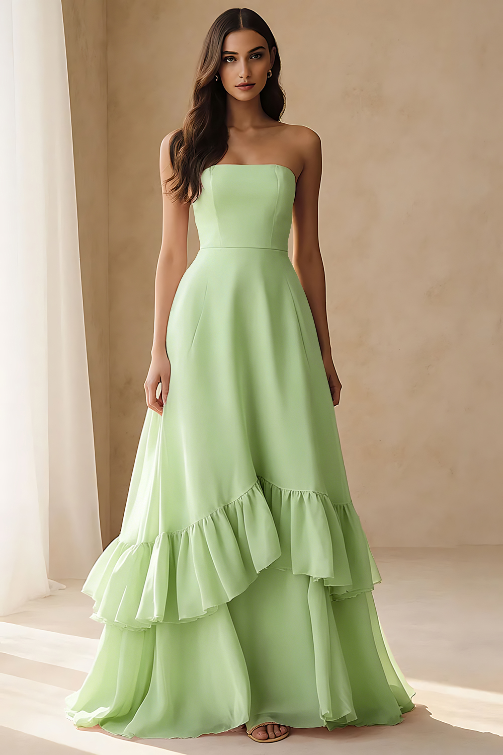 Light Pink Tiered A Line Ruffled Long Wedding Guest Dress