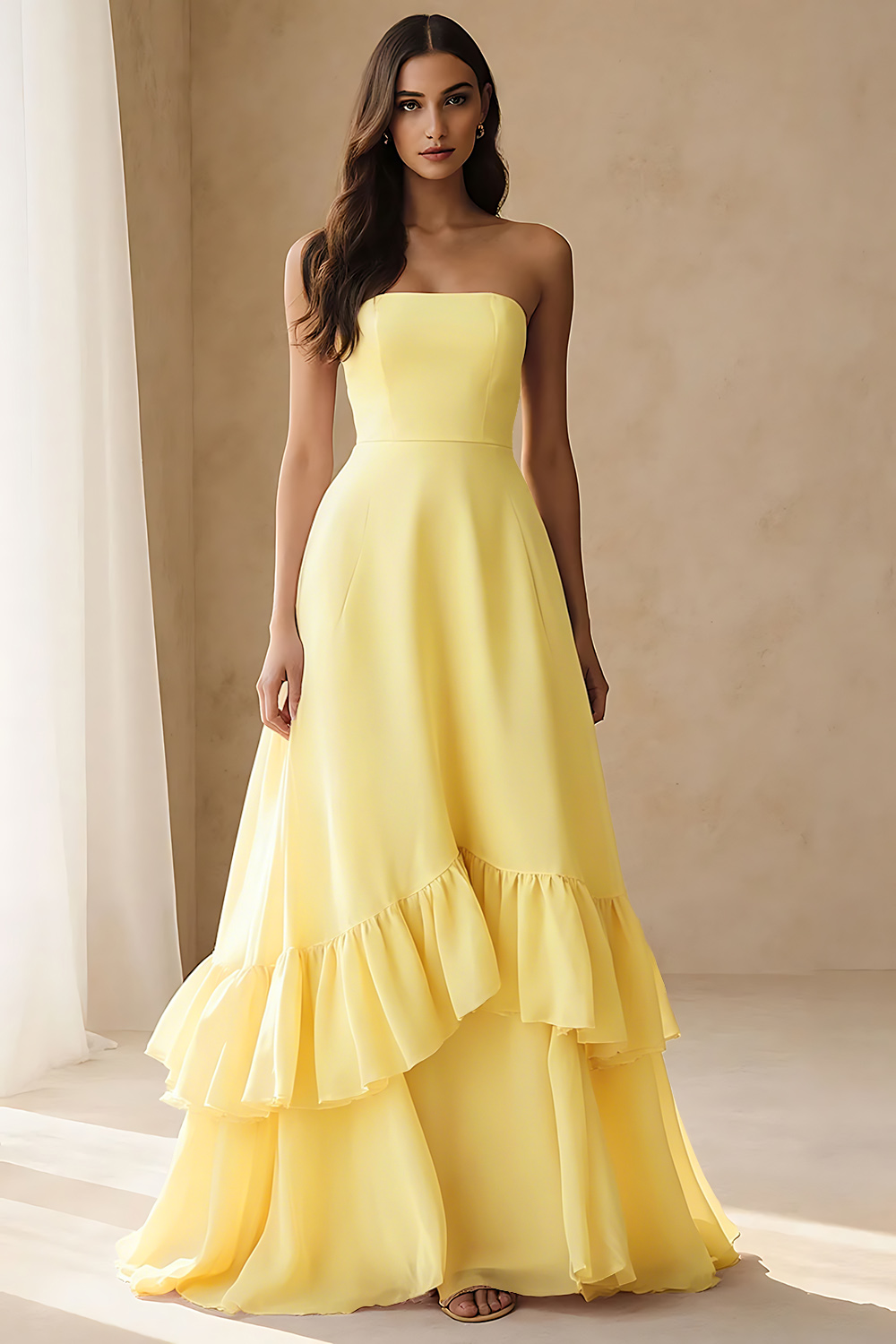 Light Pink Tiered A Line Ruffled Long Wedding Guest Dress
