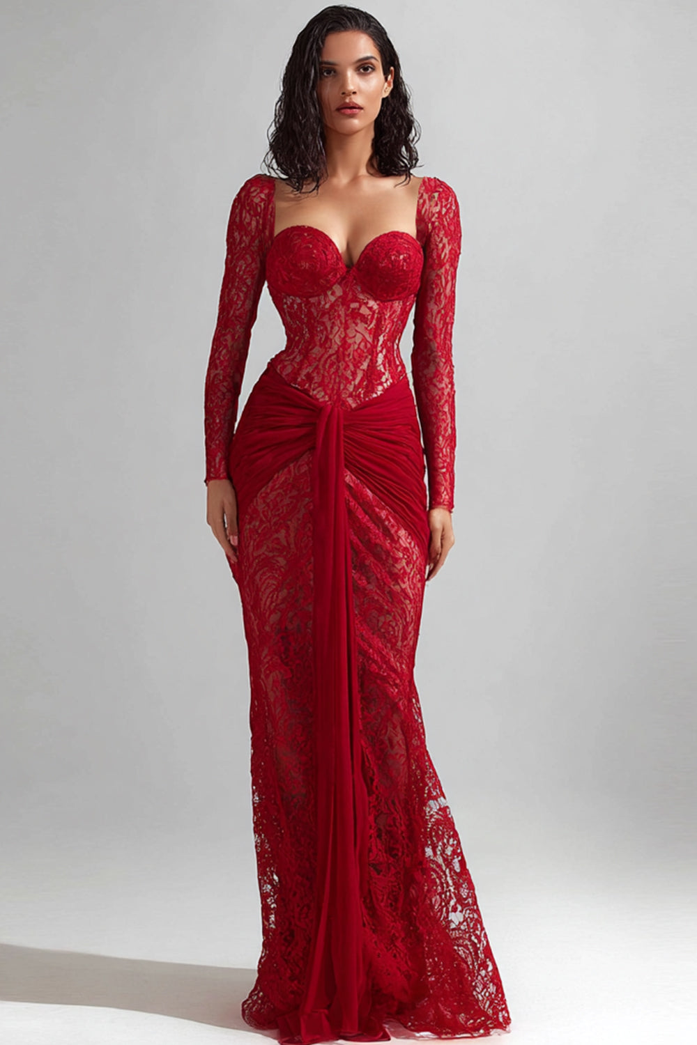 Leely Women Red Lace Long Corset Wedding Guest Dress with Sleeves Mermaid Ruched Sweetheart Gala Dress