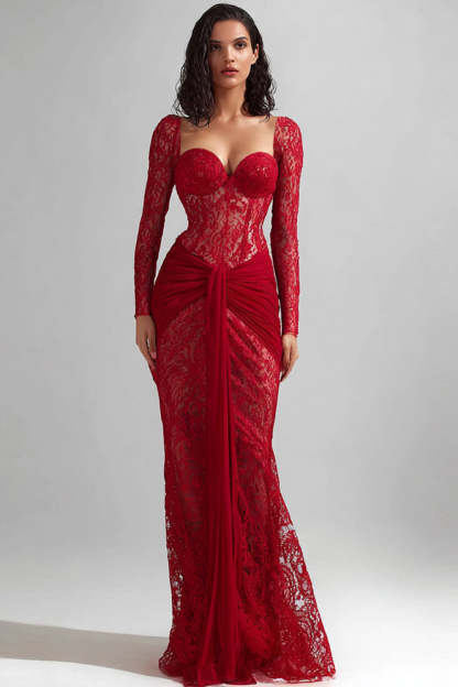 Leely Women Red Lace Long Corset Wedding Guest Dress with Sleeves Mermaid Ruched Sweetheart Gala Dress