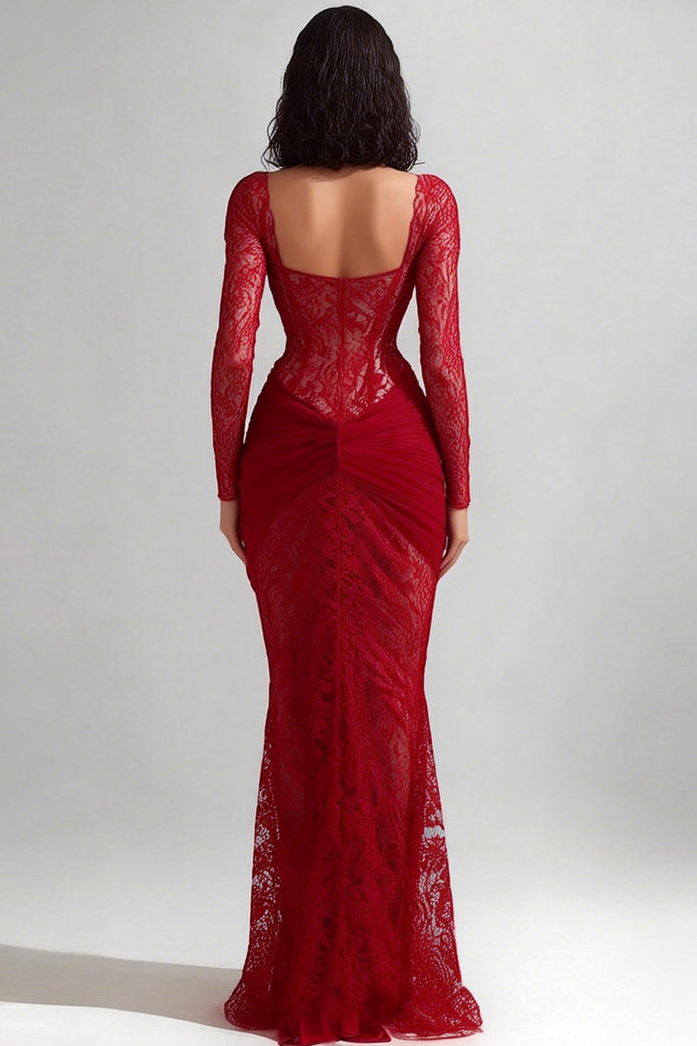 Red Mermaid Lace Long Corset Wedding Guest Dress with Sleeves