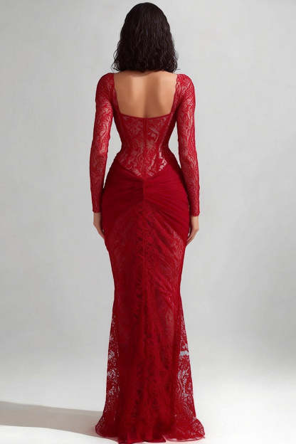 Red Mermaid Lace Long Corset Wedding Guest Dress with Sleeves