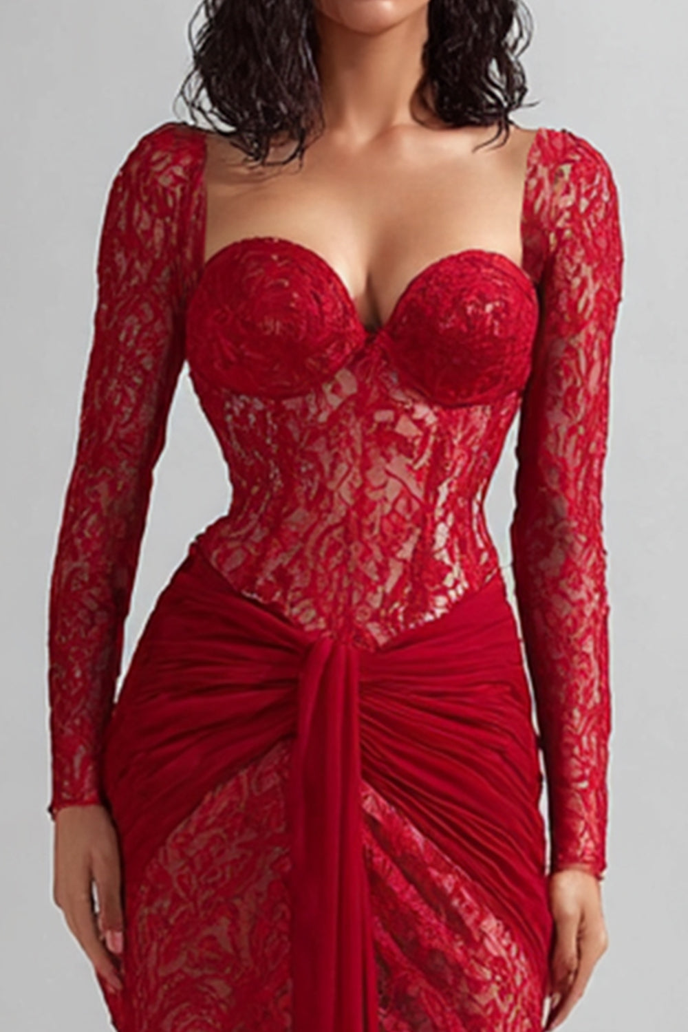 Red Mermaid Lace Long Corset Wedding Guest Dress with Sleeves