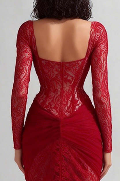 Red Mermaid Lace Long Corset Wedding Guest Dress with Sleeves