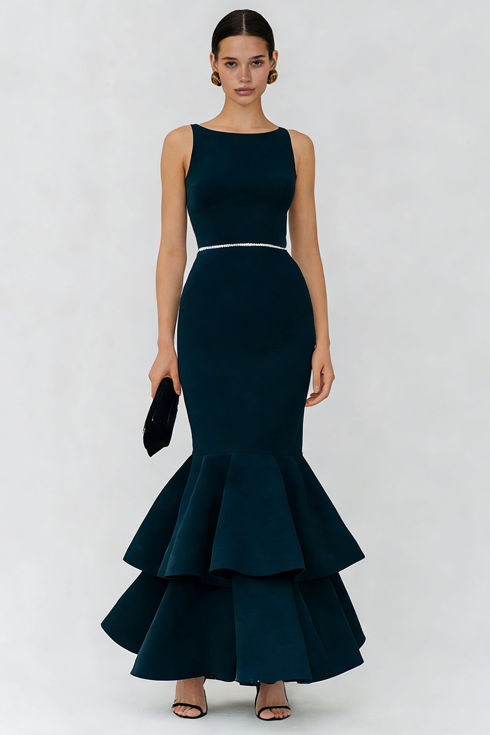 Leely Women Navy Tiered Long Wedding Guest Dress with Ruffles Bateau Neck Mermaid Evening Dress with Belt