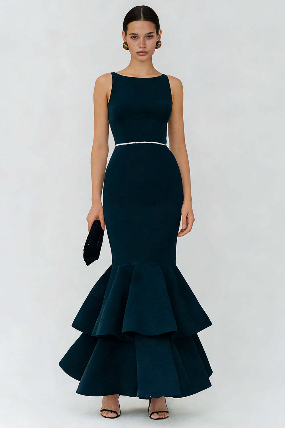 Leely Women Navy Tiered Long Wedding Guest Dress with Ruffles Bateau Neck Mermaid Evening Dress with Belt