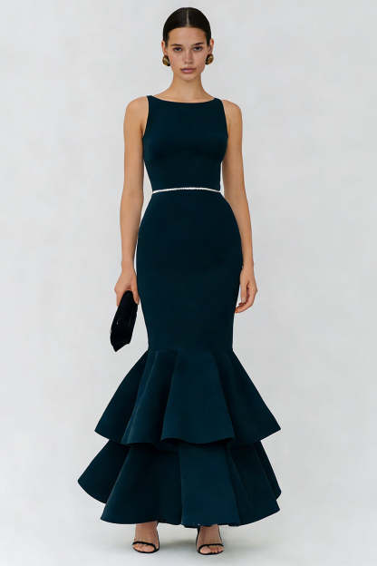 Leely Women Navy Tiered Long Wedding Guest Dress with Ruffles Bateau Neck Mermaid Evening Dress with Belt