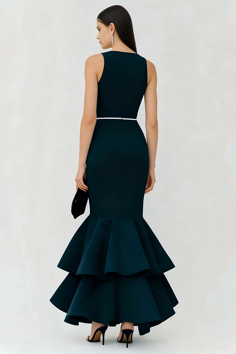 Navy Tiered Bateau Neck Mermaid Long Wedding Guest Dress with Ruffles