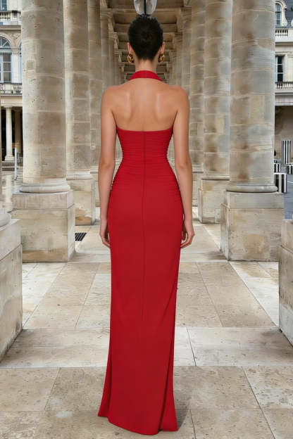 Red Halter Neck Sheath Ruched Long Wedding Guest Dress