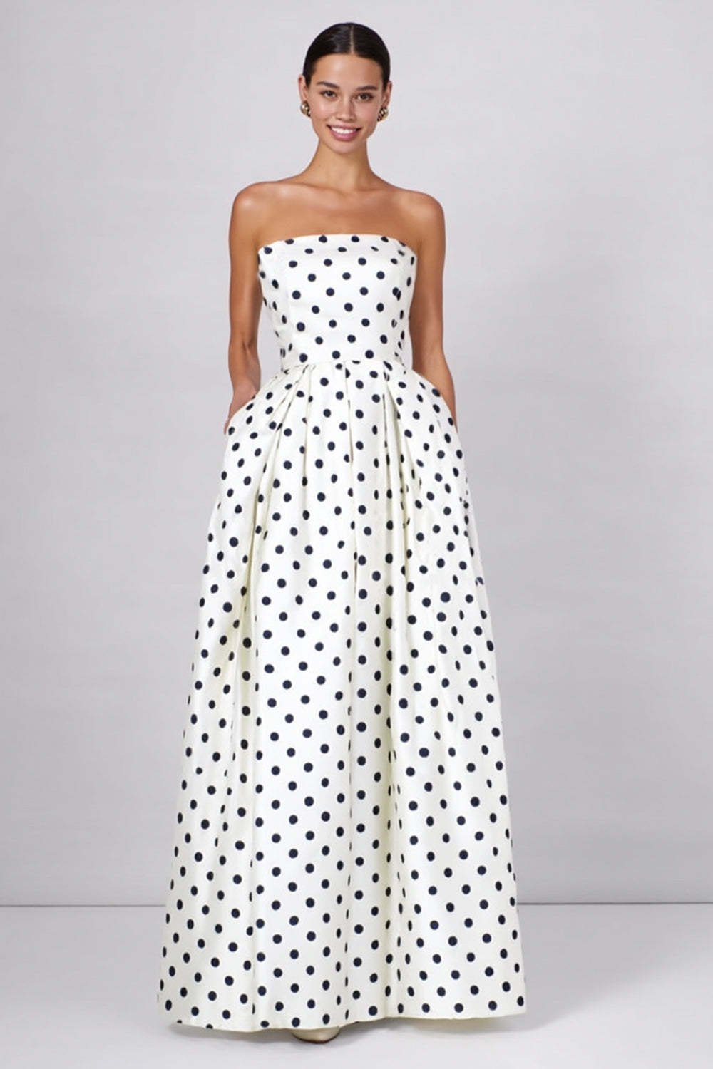 Leely Women White and Black Polka Dots Long Wedding Guest Dress A Line Strapless Evening Dress with Pockets