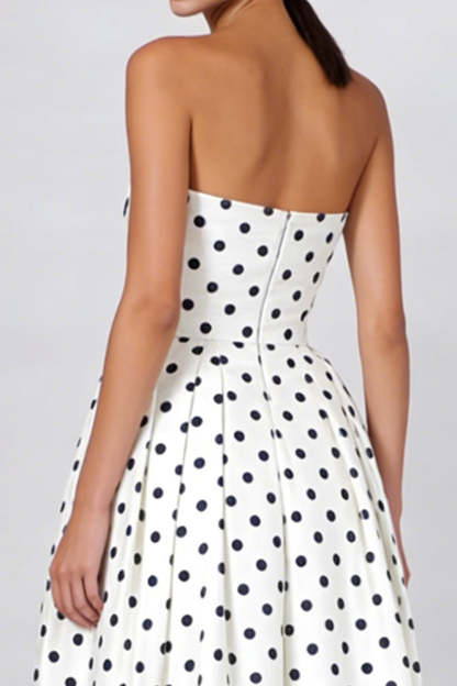White and Black Polka Dots Long Wedding Guest Dress with Pockets