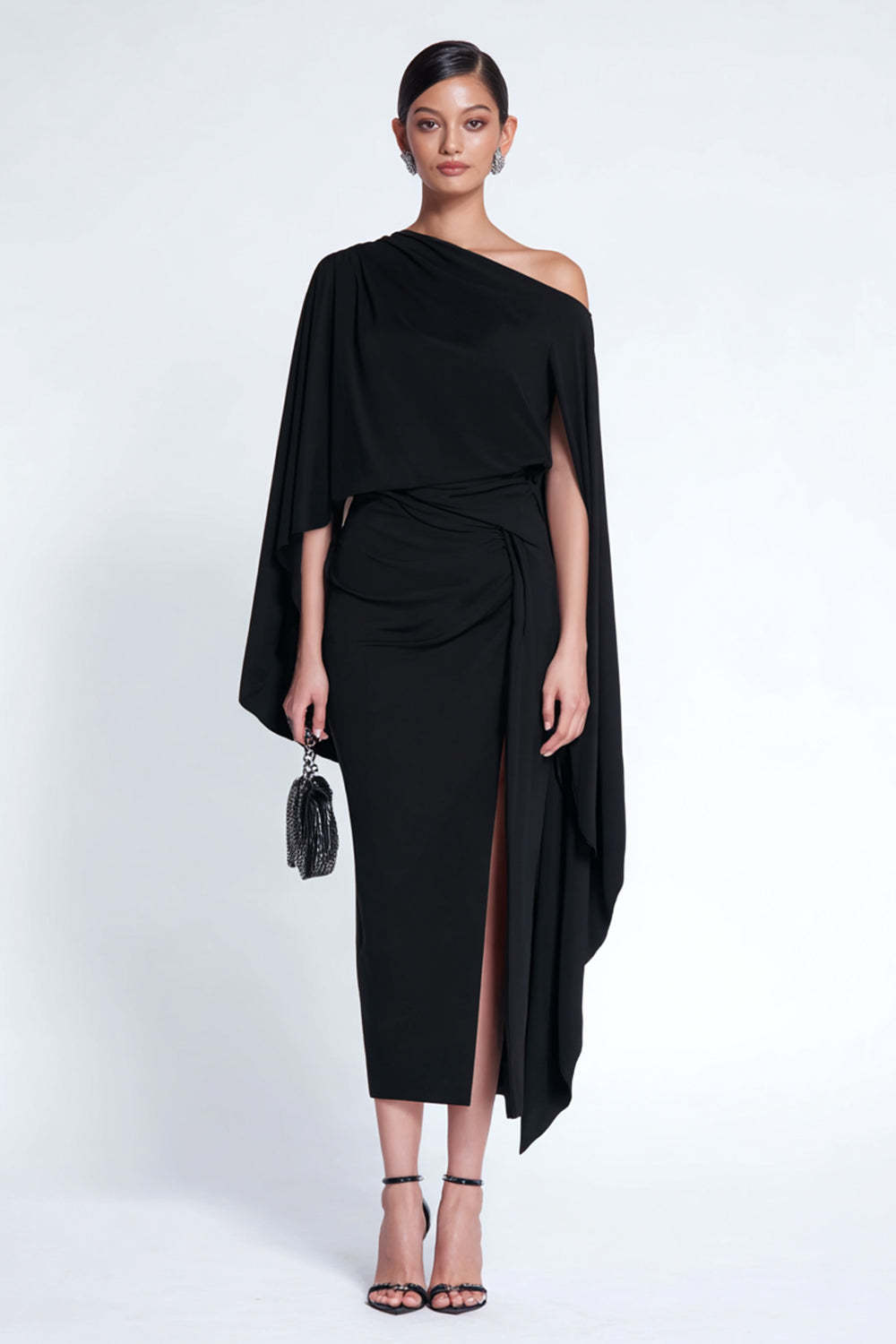 Leely Women Black One Shoulder Midi Wedding Guest Dress with Cape Ruched Bodycon Semi-Formal Dress with Slit