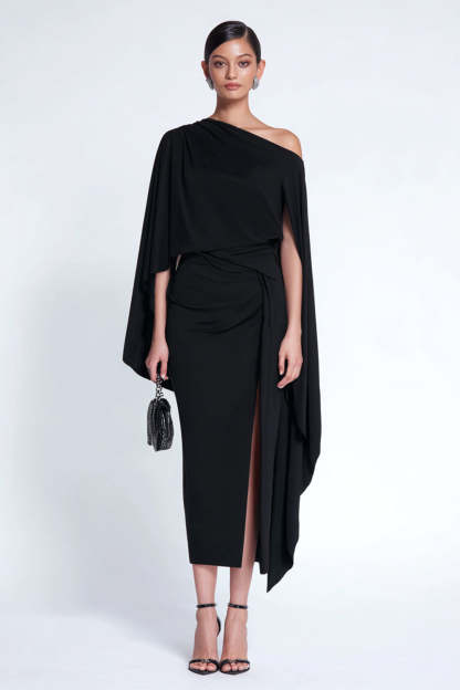 Leely Women Black One Shoulder Midi Wedding Guest Dress with Cape Ruched Bodycon Semi-Formal Dress with Slit