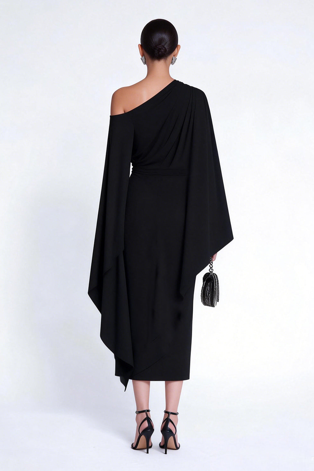Black One Shoulder Ruched Midi Wedding Guest Dress with Cape