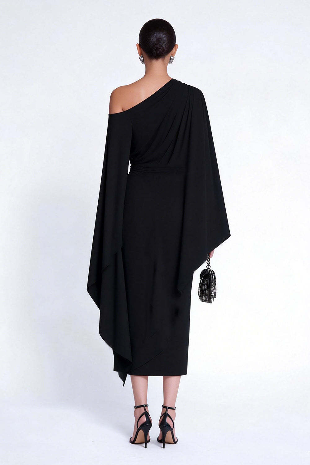 Black One Shoulder Ruched Midi Wedding Guest Dress with Cape