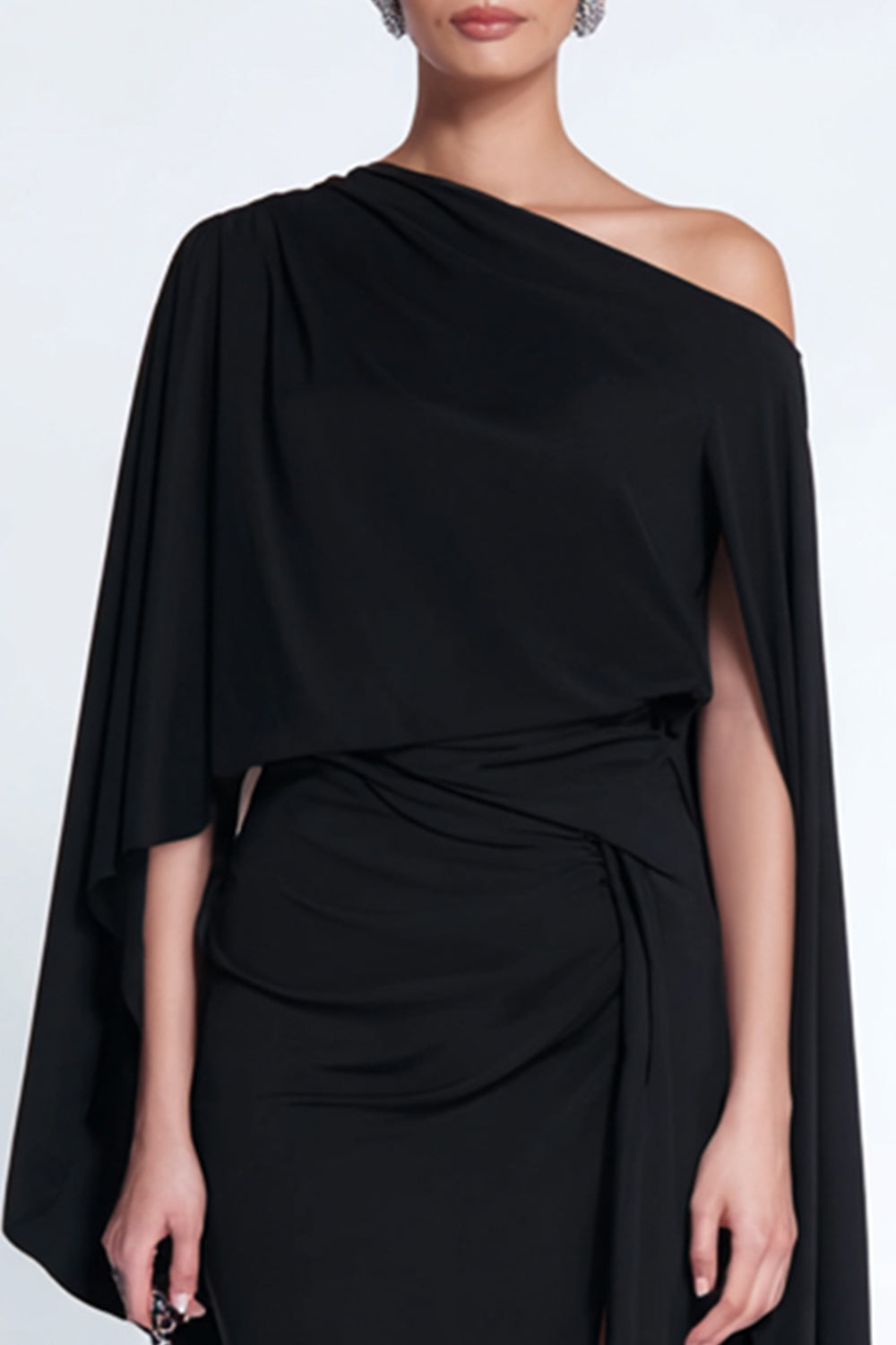 Black One Shoulder Ruched Midi Wedding Guest Dress with Cape