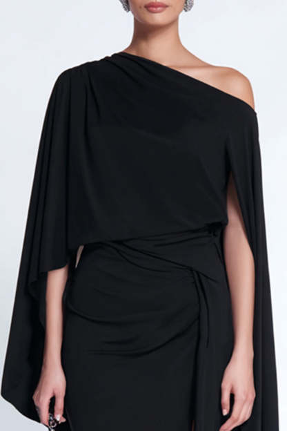Black One Shoulder Ruched Midi Wedding Guest Dress with Cape