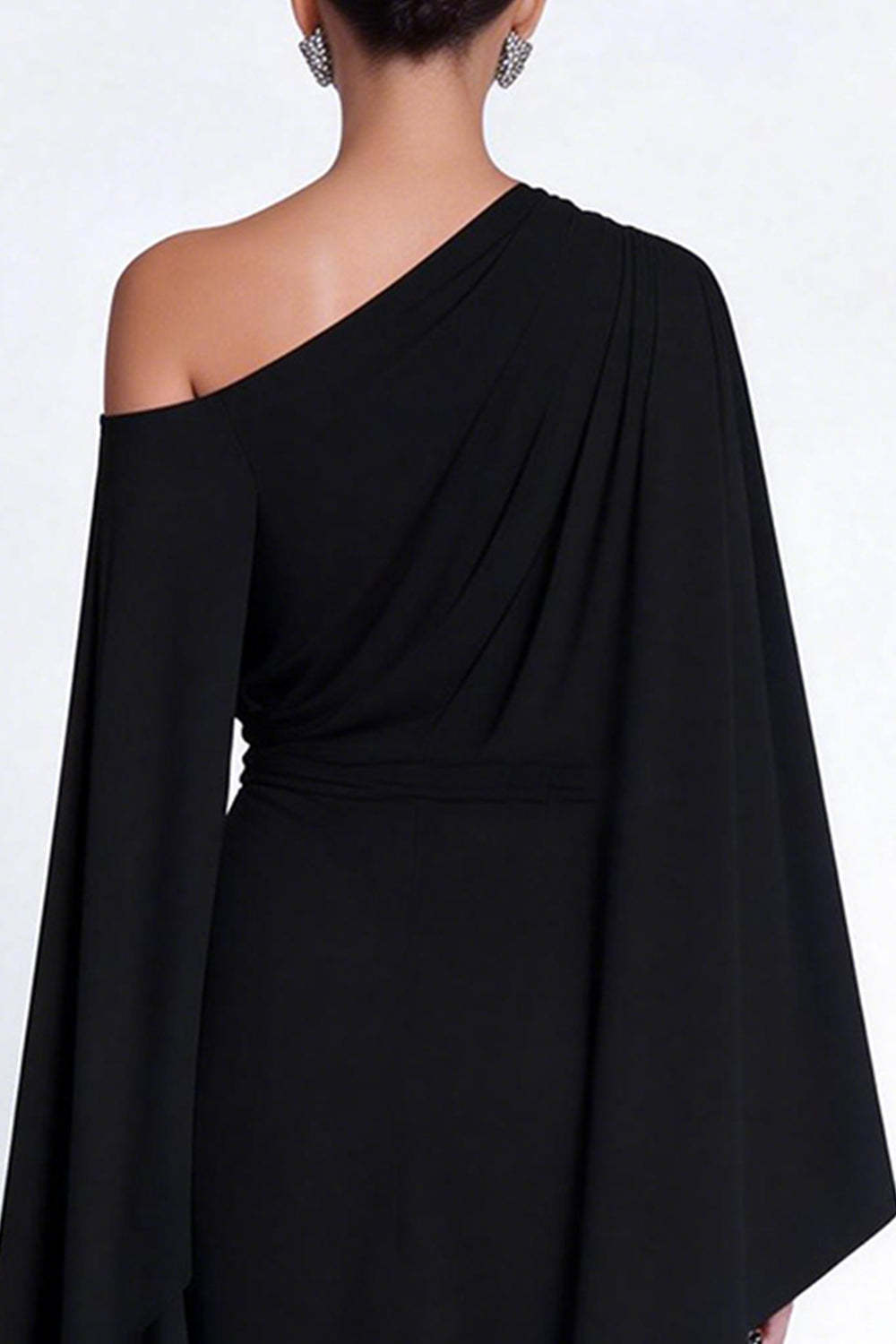 Black One Shoulder Ruched Midi Wedding Guest Dress with Cape