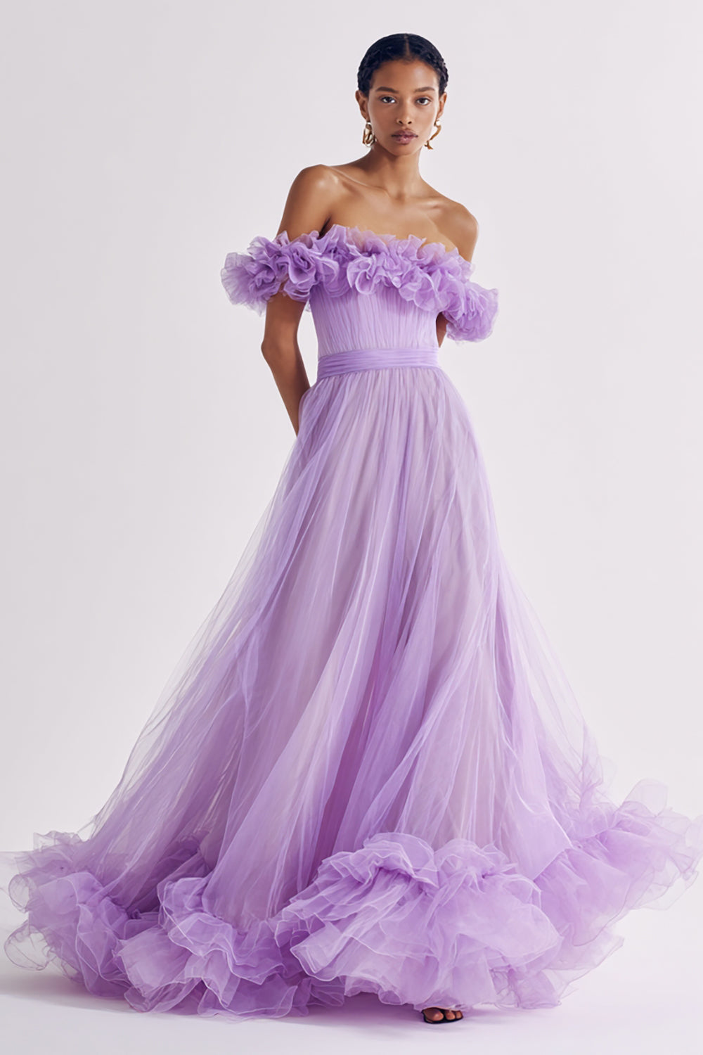 Leely Women Lilac Long Prom Dress with Ruffles Tulle A Line Off the Shoulder Gala Dress