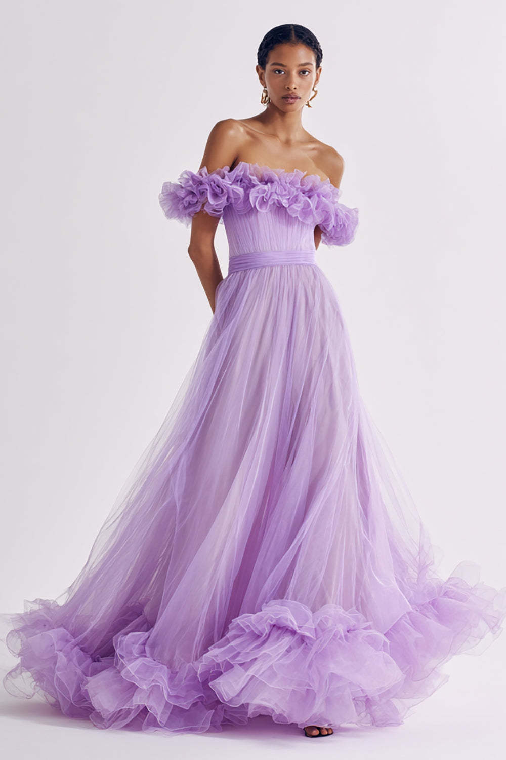 Leely Women Lilac Long Prom Dress with Ruffles Tulle A Line Off the Shoulder Gala Dress