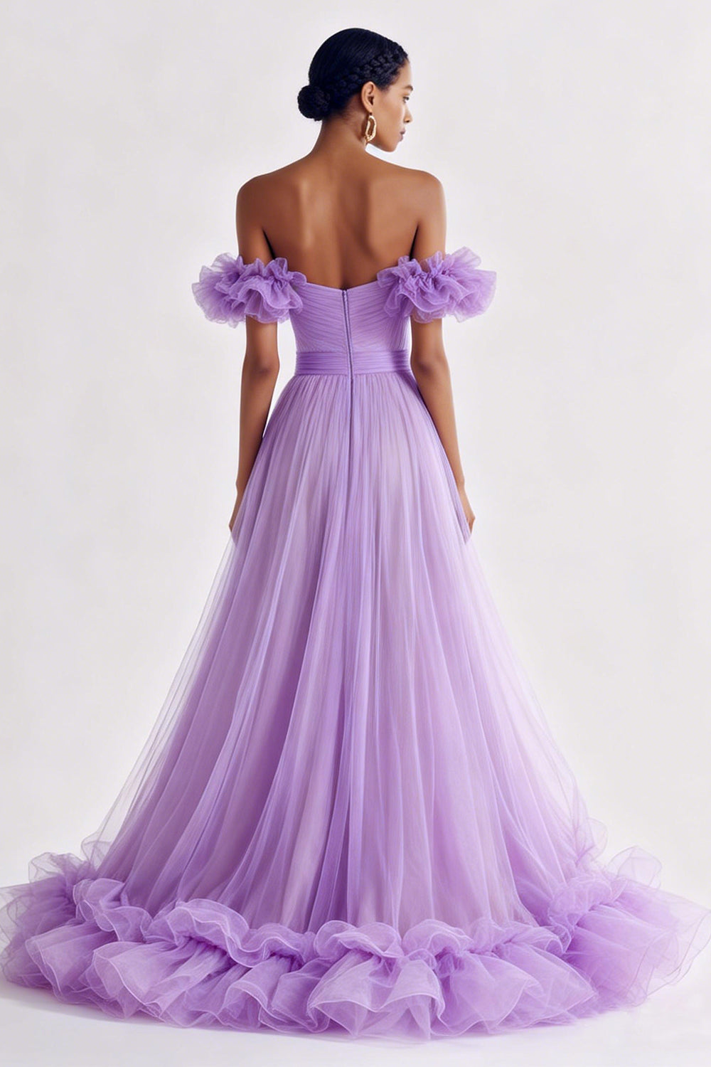 Lilac Ruffled Tulle A Line Off the Shoulder Long Prom Dress