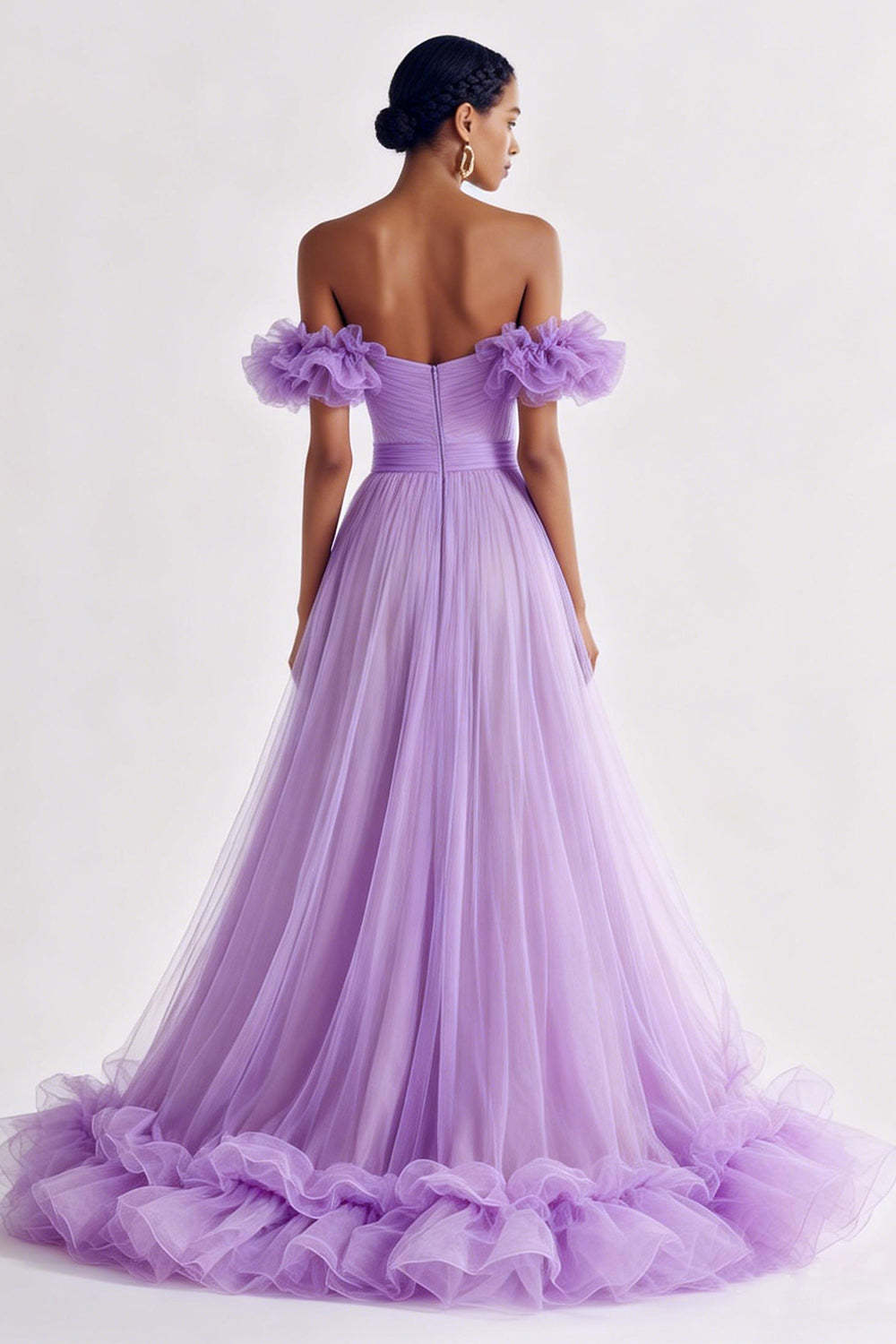 Lilac Ruffled Tulle A Line Off the Shoulder Long Prom Dress