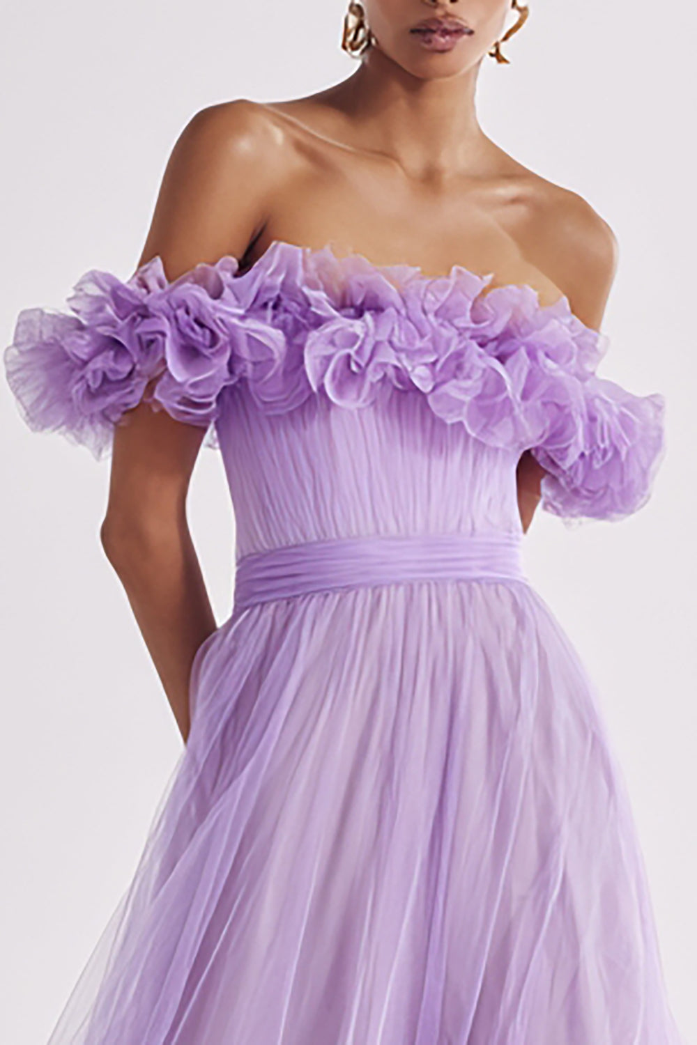 Lilac Ruffled Tulle A Line Off the Shoulder Long Prom Dress