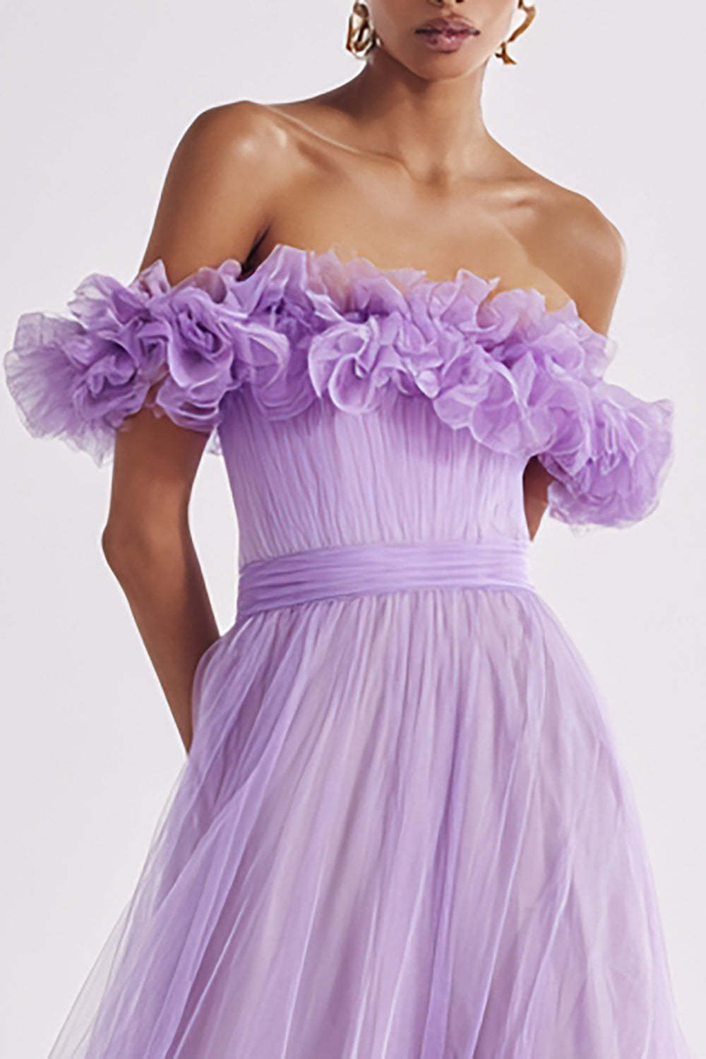 Lilac Ruffled Tulle A Line Off the Shoulder Long Prom Dress