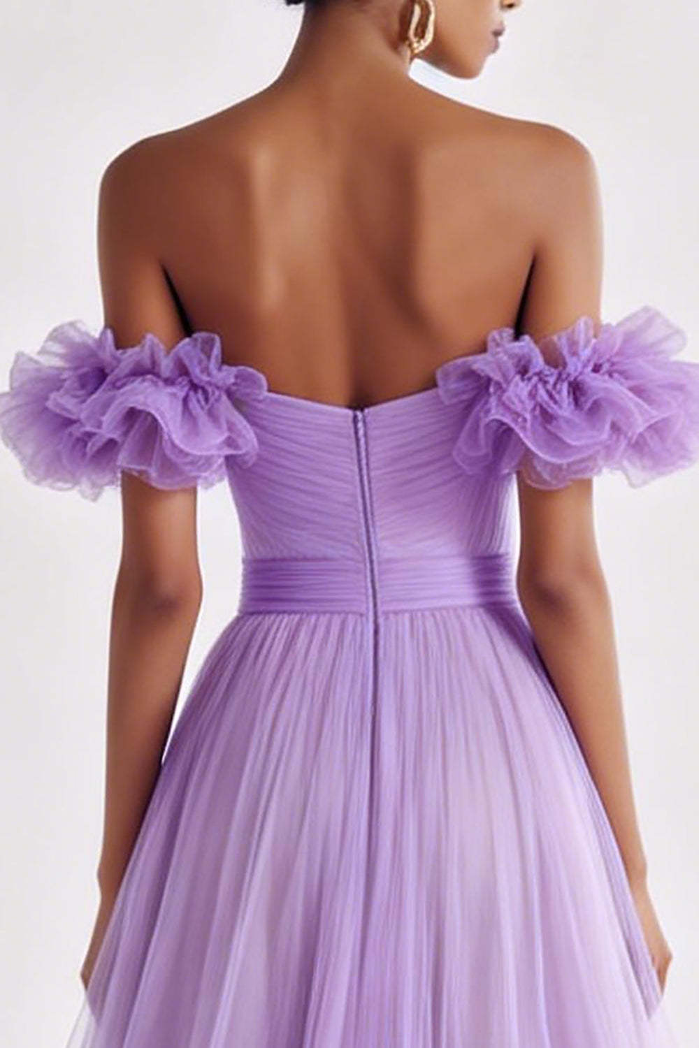 Lilac Ruffled Tulle A Line Off the Shoulder Long Prom Dress
