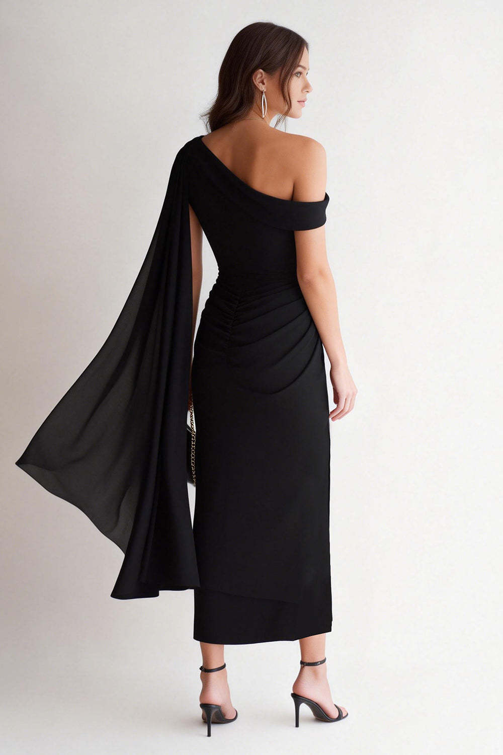 Black Bodycon Ruched One Shoulder Midi Cocktail Dress with Side Cape