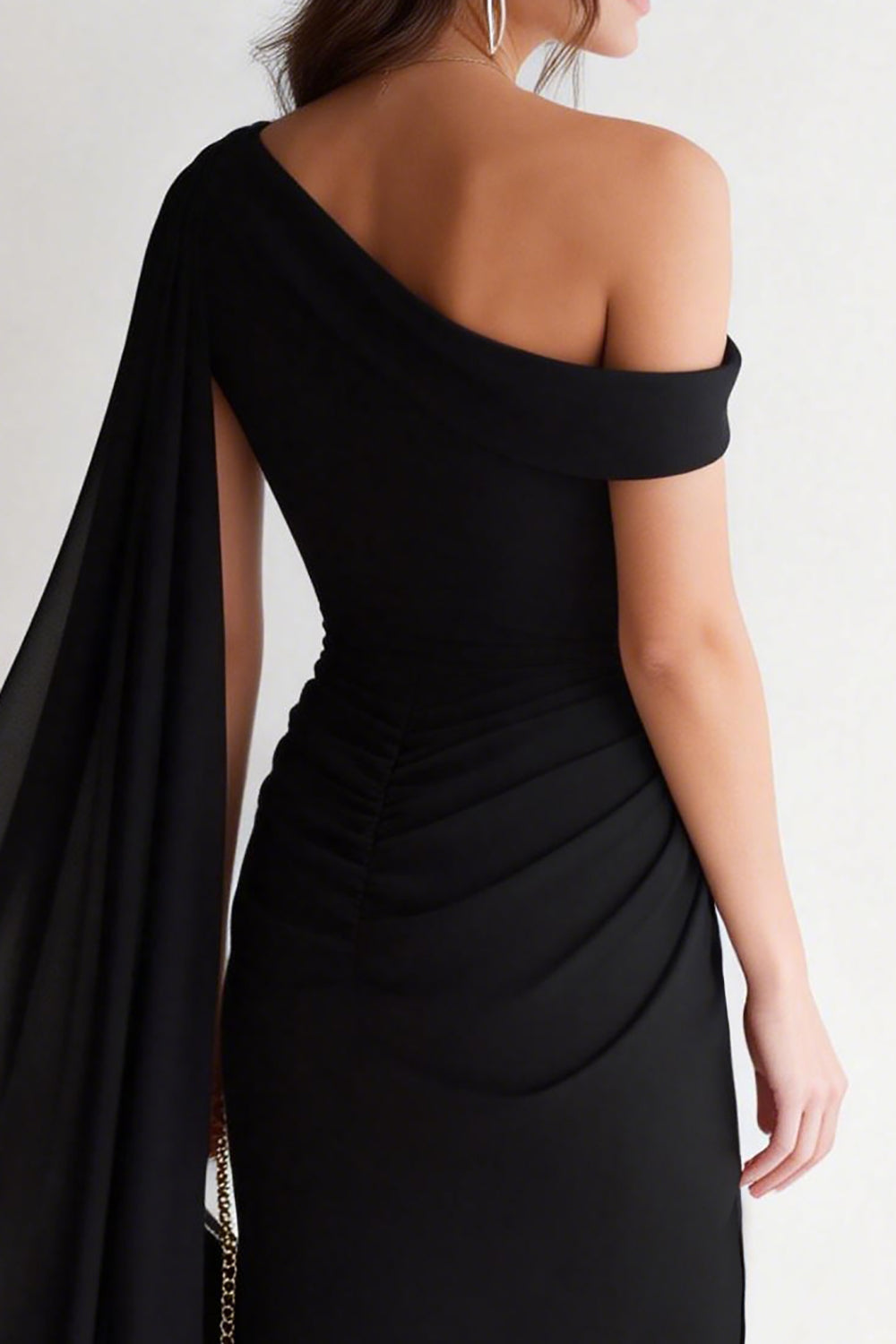 Black Bodycon Ruched One Shoulder Midi Cocktail Dress with Side Cape