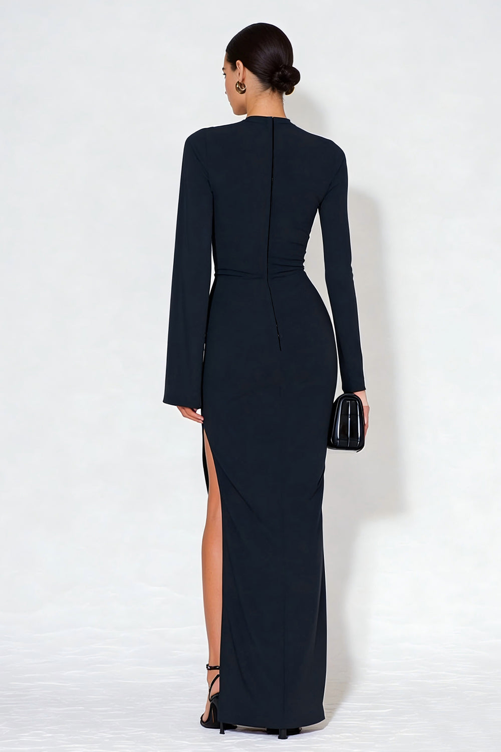 Navy High Neck Ruched Long Sleeves Formal Dress with Slit