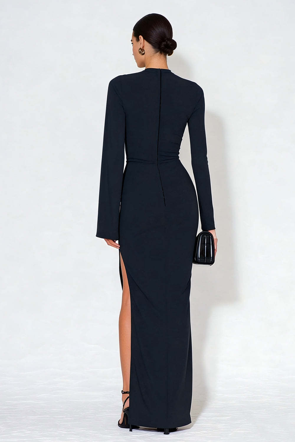 Navy High Neck Ruched Long Sleeves Formal Dress with Slit