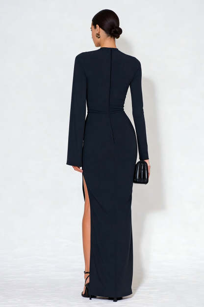 Navy High Neck Ruched Long Sleeves Formal Dress with Slit