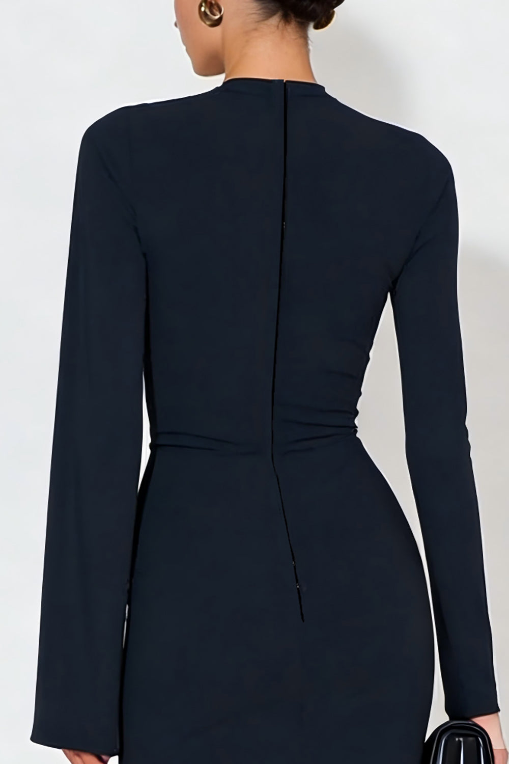 Navy High Neck Ruched Long Sleeves Formal Dress with Slit