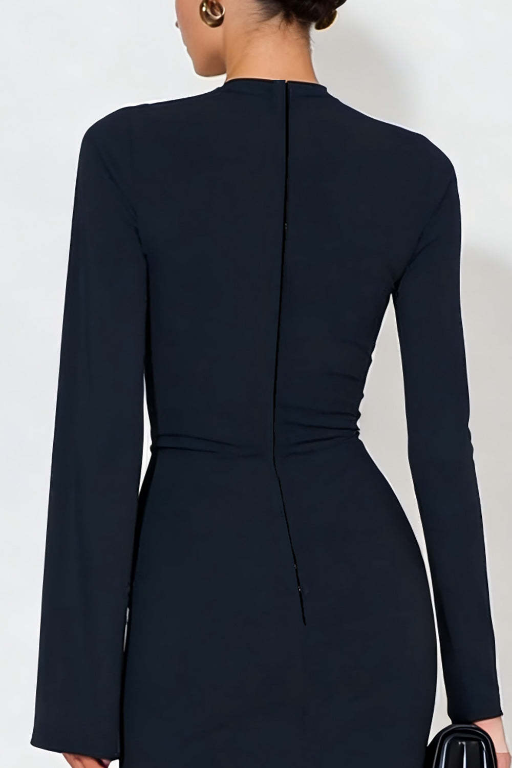 Navy High Neck Ruched Long Sleeves Formal Dress with Slit