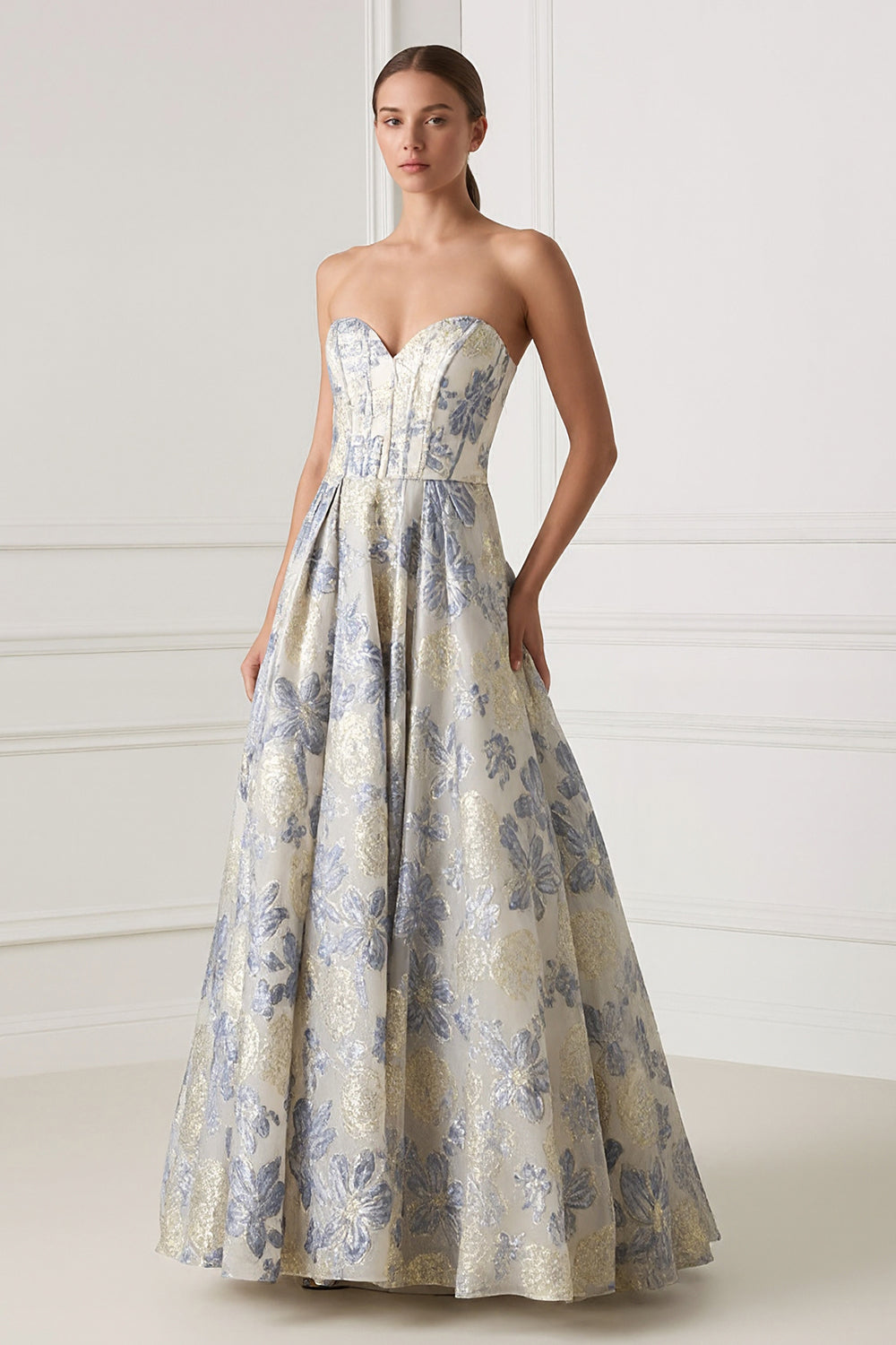 Floral Dusty Blue Sweetheart Jacquard A Line Long Corset Prom Dress
