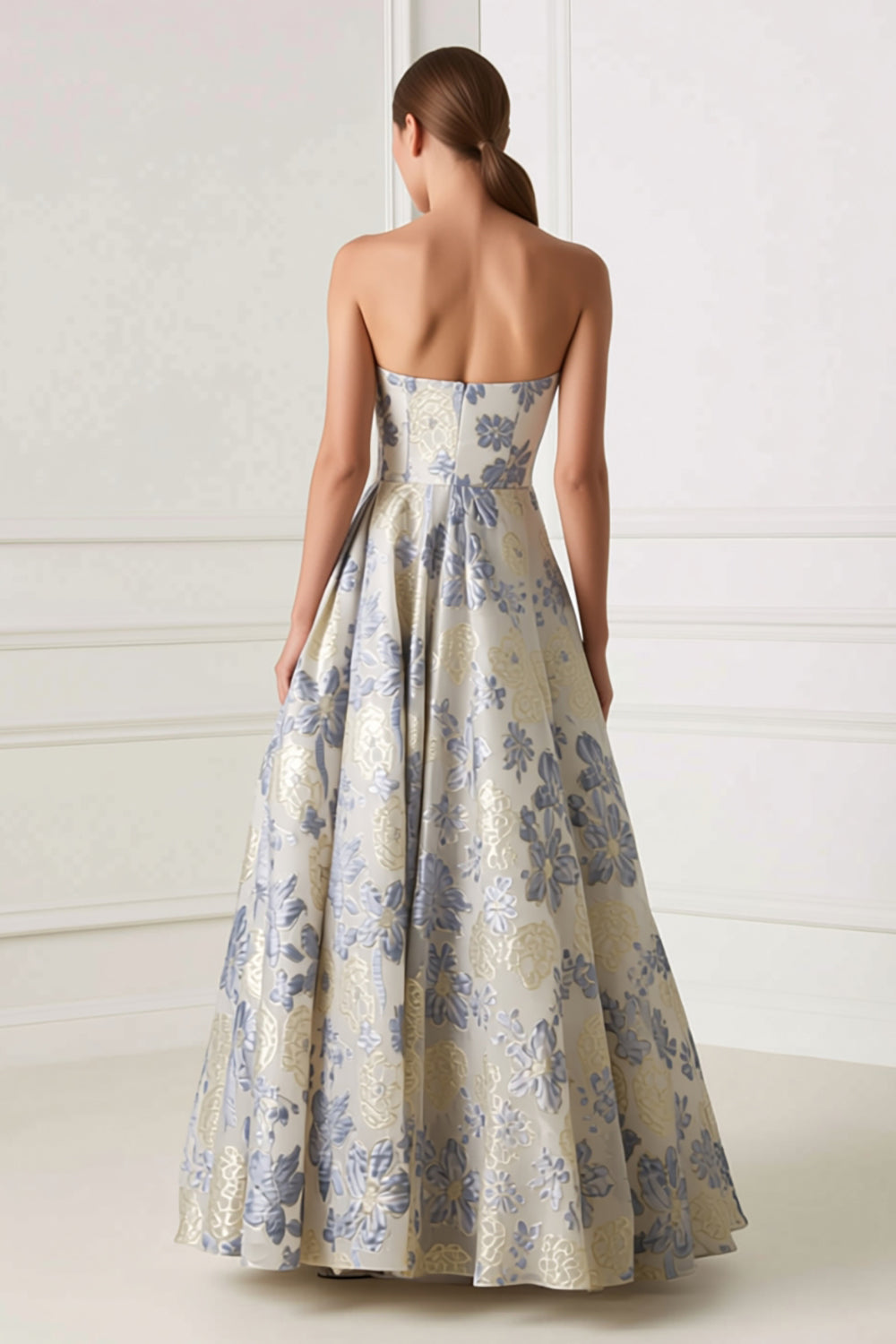 Floral Dusty Blue Sweetheart Jacquard A Line Long Corset Prom Dress