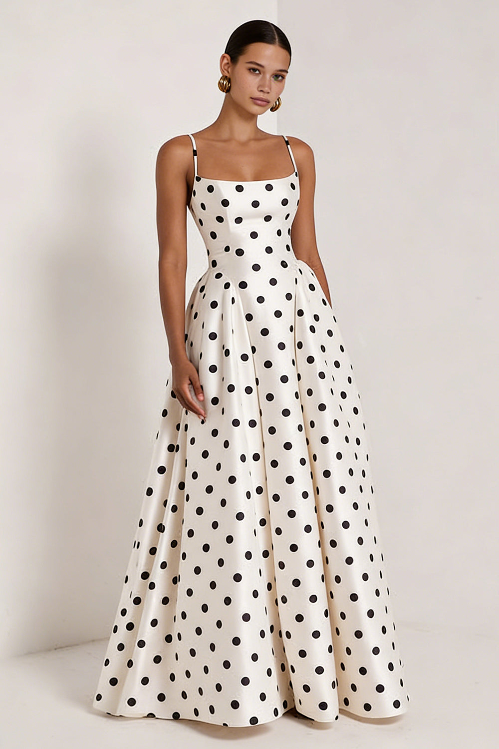 White and Black Polka Dots Spaghetti Straps Long Prom Dress