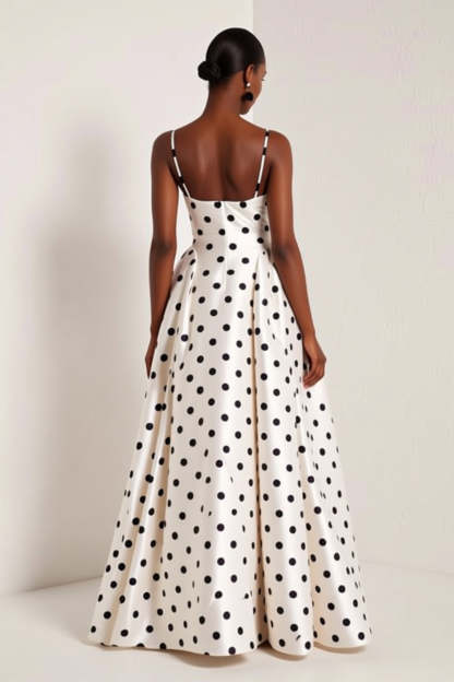 White and Black Polka Dots Spaghetti Straps Long Prom Dress