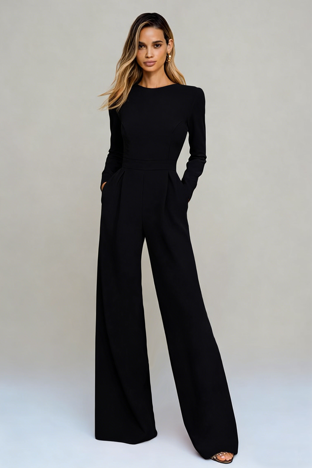 Black Crew Neck Open Back Formal Jumpsuits with Sleeves