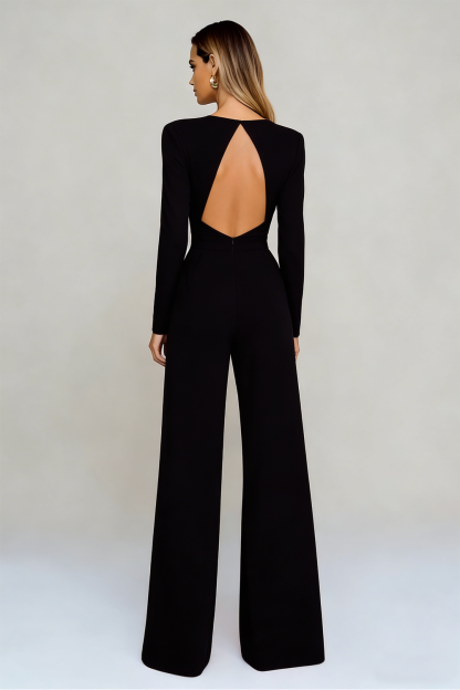 Black Crew Neck Open Back Formal Jumpsuits with Sleeves