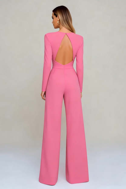 Black Crew Neck Open Back Formal Jumpsuits with Sleeves