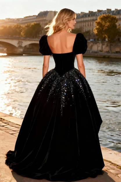 Sparkly Black Velvet Beaded A Line High-Low Prom Dress