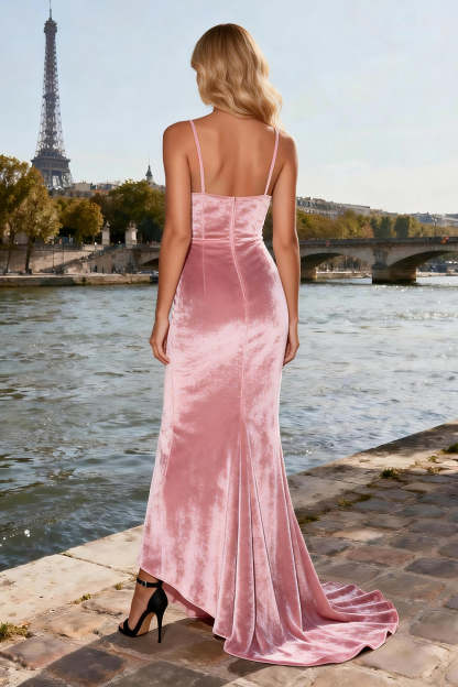 Sparkly Pink Mermaid Beaded Velvet Long Prom Dress