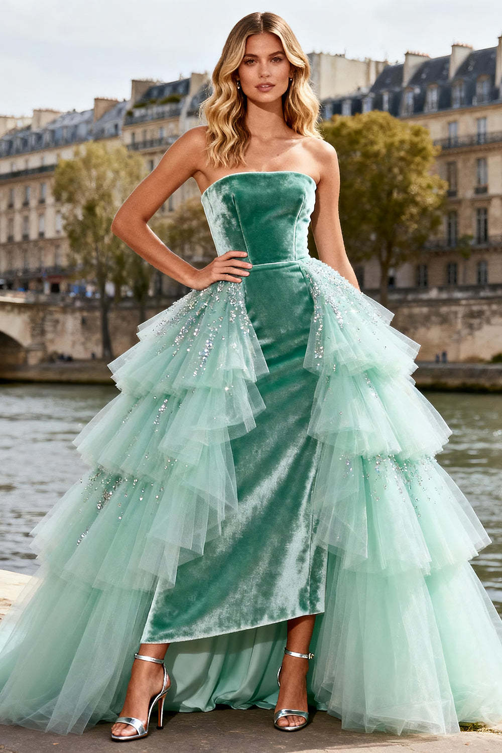 Leely Women Sparkly Mint Green Velvet Maxi Prom Dress with Ruffles Tulle Beaded Strapless Tiered Pageant Dress with Cape