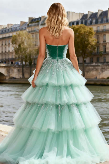 Sparkly Mint Green Tulle Long Velvet Prom Dress with Ruffles