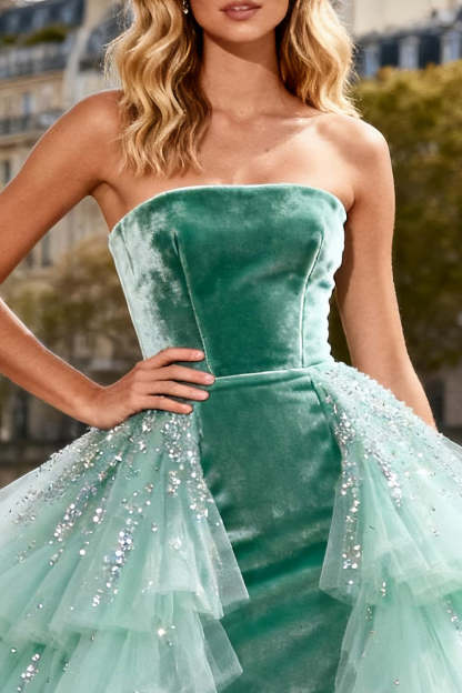 Sparkly Mint Green Tulle Long Velvet Prom Dress with Ruffles