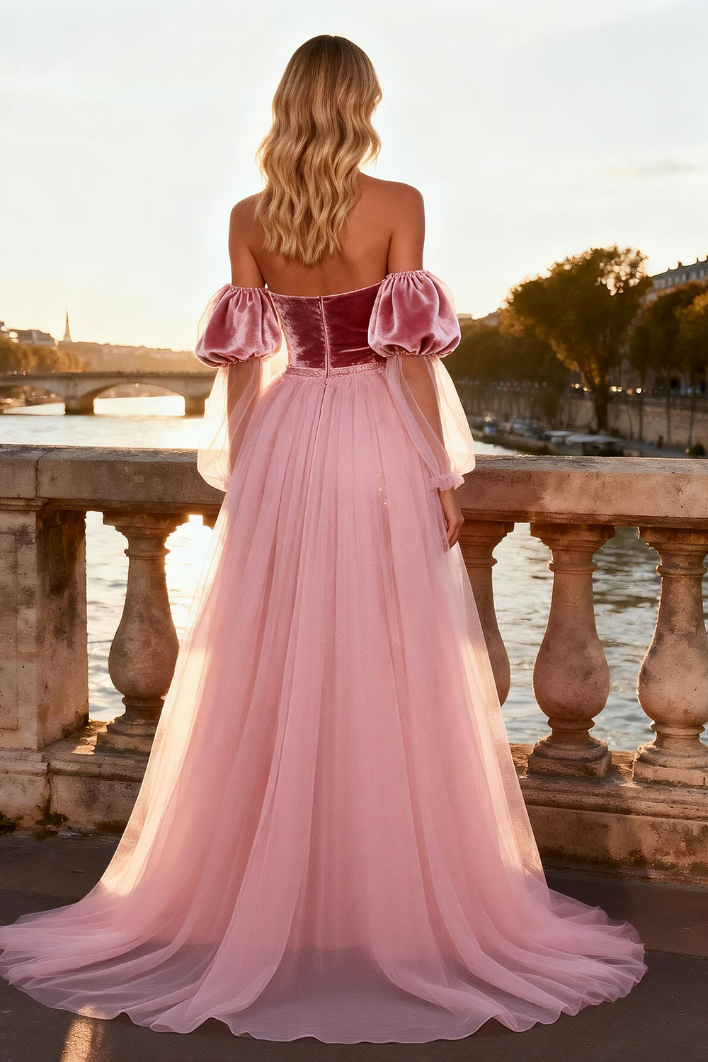 Sparkly Pink Sequin Velvet Maxi Prom Dress with Cape