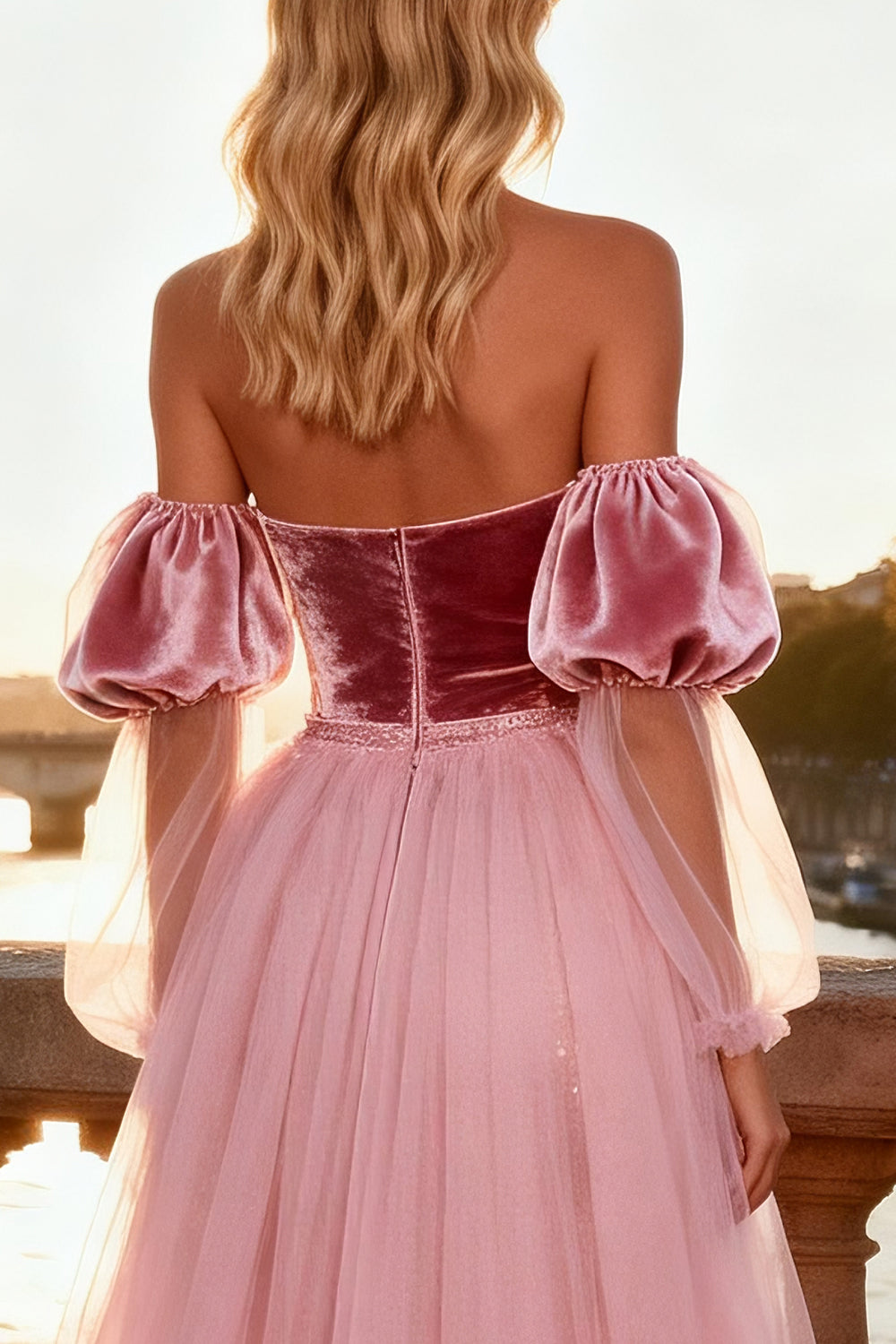 Sparkly Pink Sequin Velvet Maxi Prom Dress with Cape
